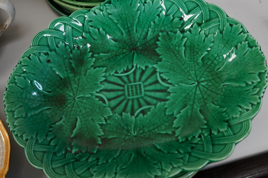 Quimper tableware (five) and eleven green-glazed leaf plates and similar dish- 17.5cm wide.
